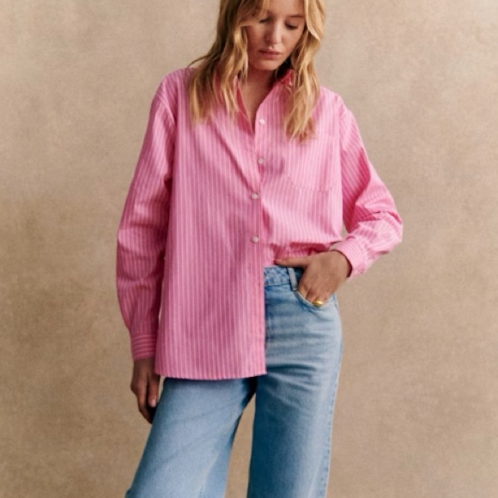Sezane Pink Striped Button-Down Shirt